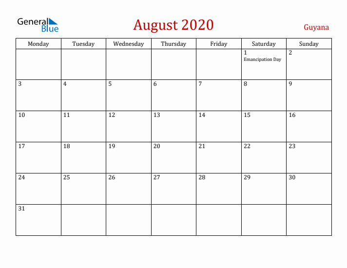 Guyana August 2020 Calendar - Monday Start