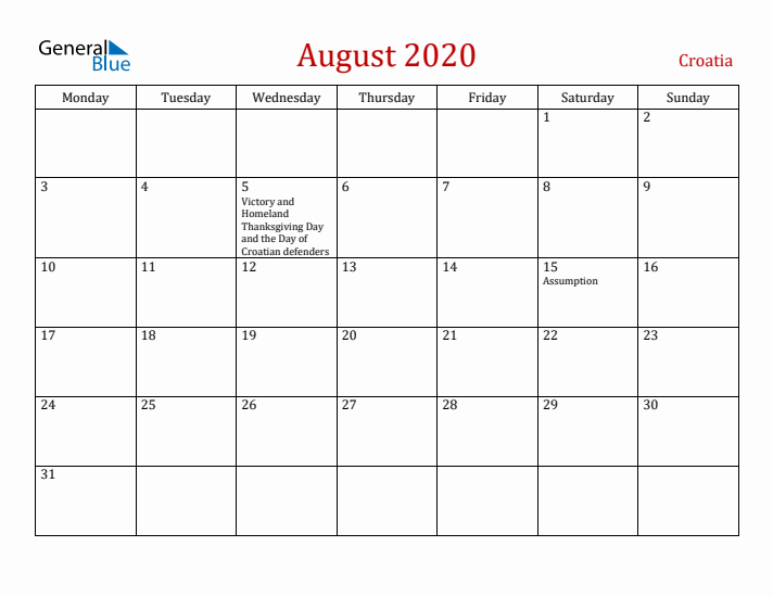 Croatia August 2020 Calendar - Monday Start