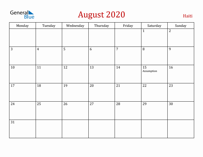 Haiti August 2020 Calendar - Monday Start