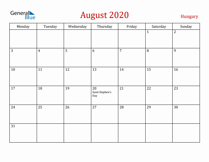 Hungary August 2020 Calendar - Monday Start