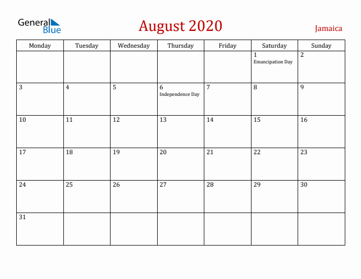 Jamaica August 2020 Calendar - Monday Start