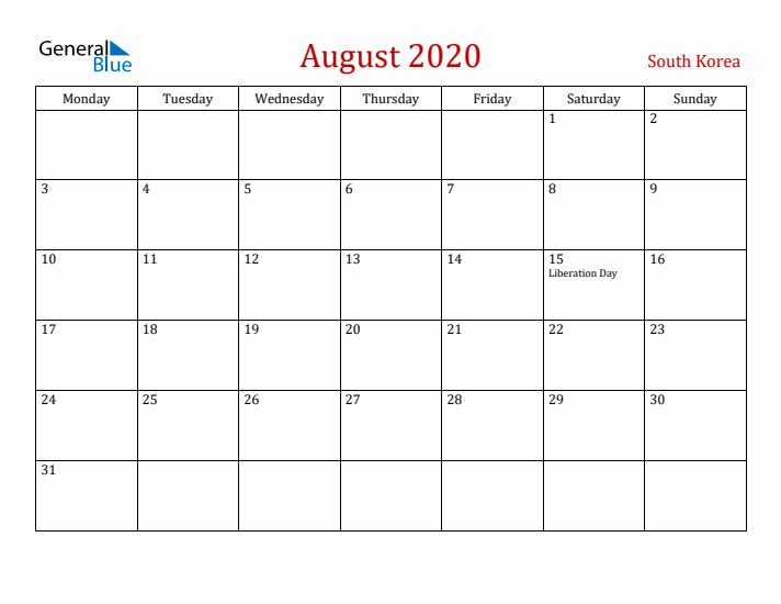 South Korea August 2020 Calendar - Monday Start