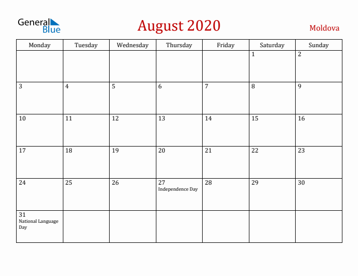 Moldova August 2020 Calendar - Monday Start