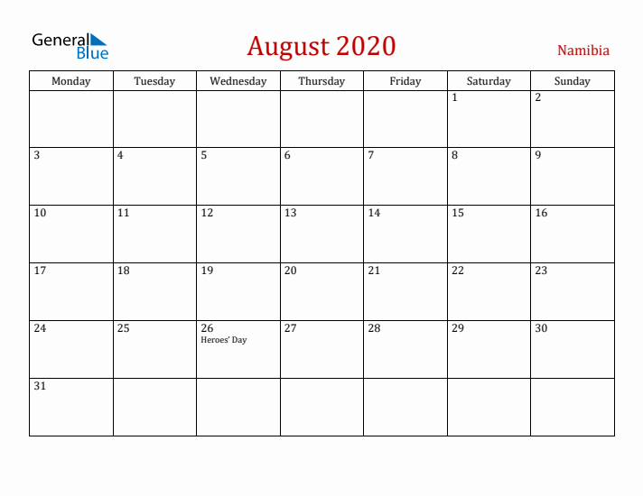 Namibia August 2020 Calendar - Monday Start