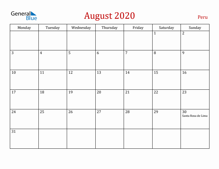 Peru August 2020 Calendar - Monday Start