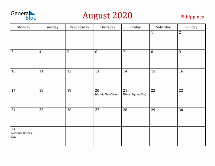 Philippines August 2020 Calendar - Monday Start