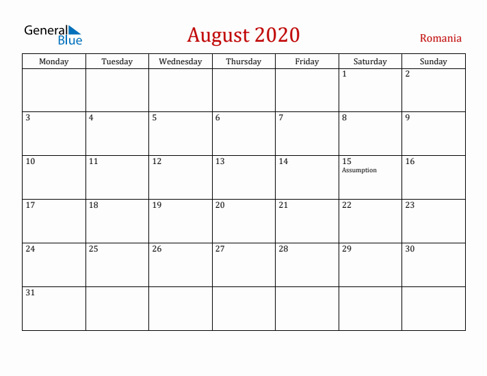 Romania August 2020 Calendar - Monday Start