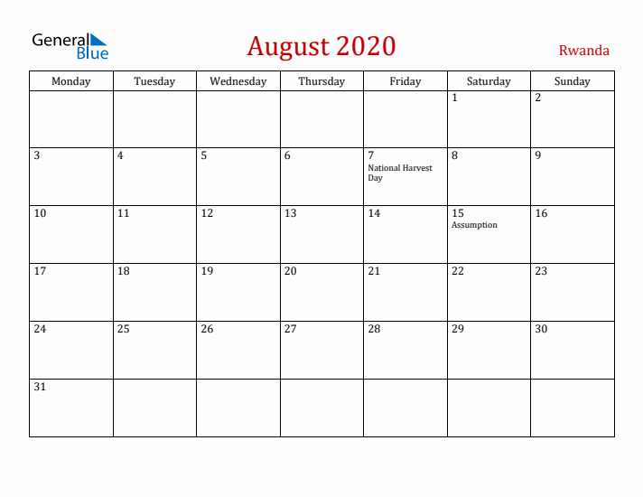 Rwanda August 2020 Calendar - Monday Start