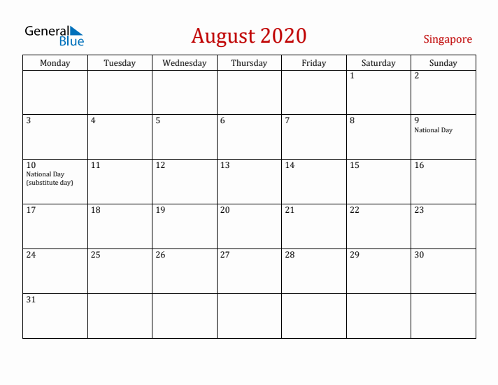 Singapore August 2020 Calendar - Monday Start