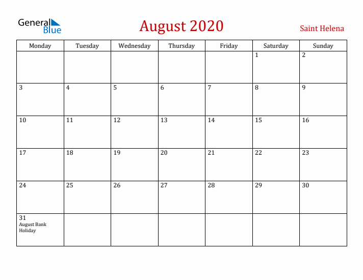 Saint Helena August 2020 Calendar - Monday Start