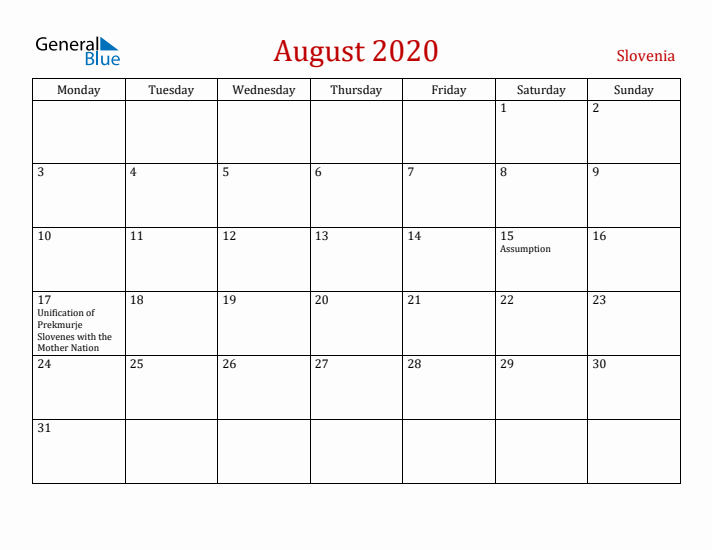 Slovenia August 2020 Calendar - Monday Start