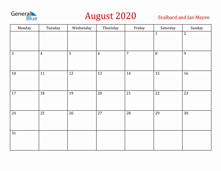 Svalbard and Jan Mayen August 2020 Calendar - Monday Start
