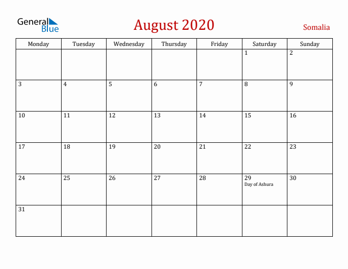 Somalia August 2020 Calendar - Monday Start