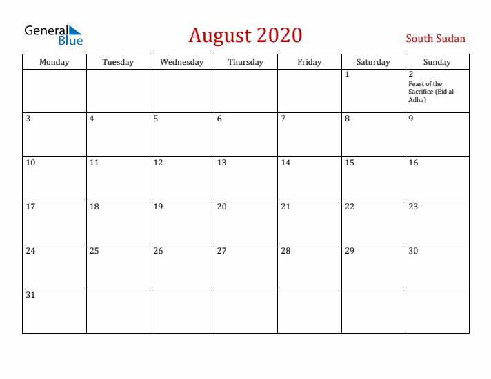 South Sudan August 2020 Calendar - Monday Start