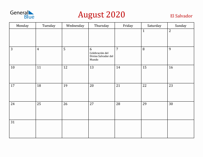 El Salvador August 2020 Calendar - Monday Start