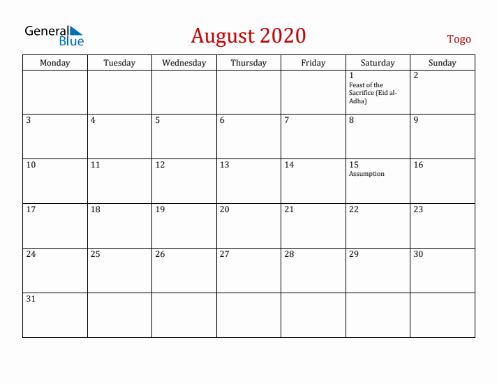 Togo August 2020 Calendar - Monday Start