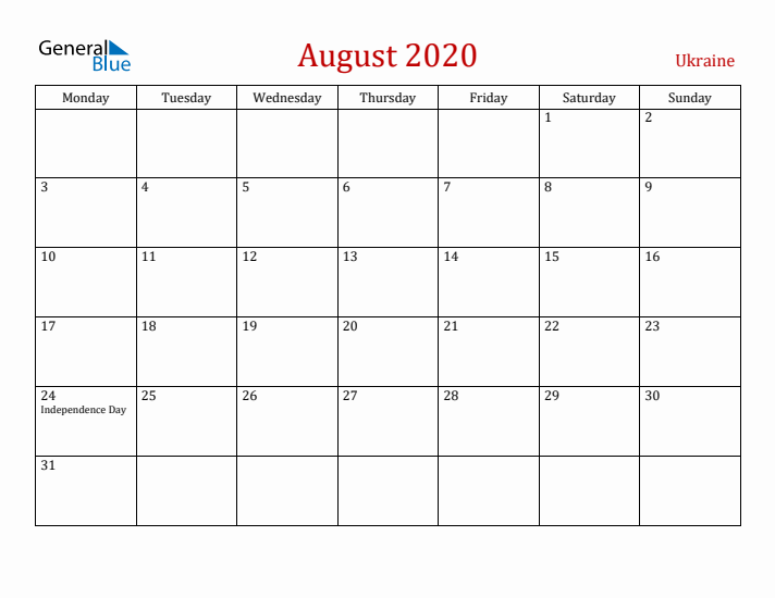 Ukraine August 2020 Calendar - Monday Start