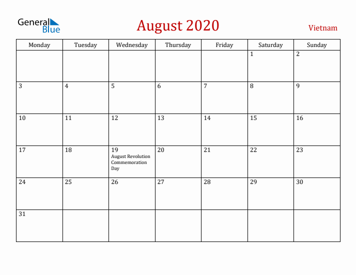 Vietnam August 2020 Calendar - Monday Start