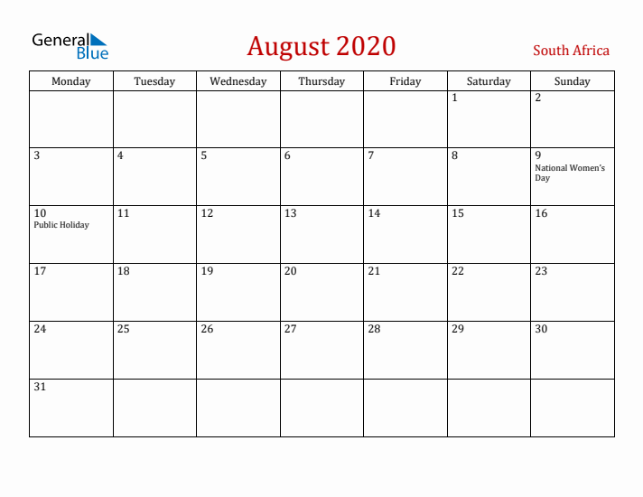 South Africa August 2020 Calendar - Monday Start