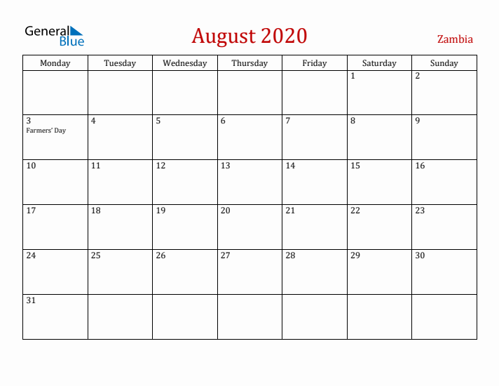 Zambia August 2020 Calendar - Monday Start