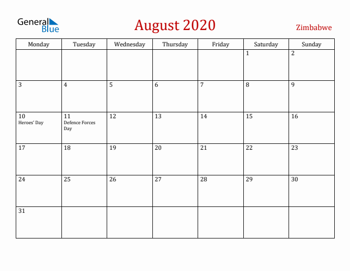 Zimbabwe August 2020 Calendar - Monday Start