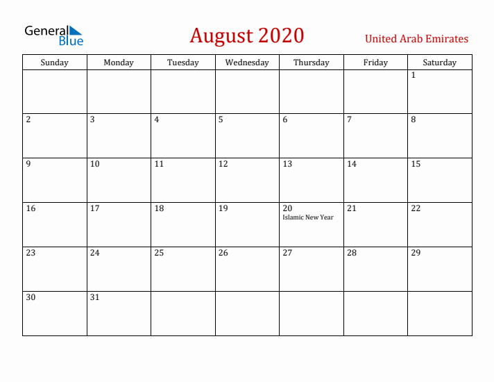 United Arab Emirates August 2020 Calendar - Sunday Start