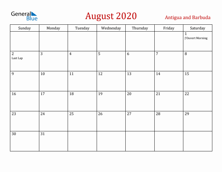 Antigua and Barbuda August 2020 Calendar - Sunday Start