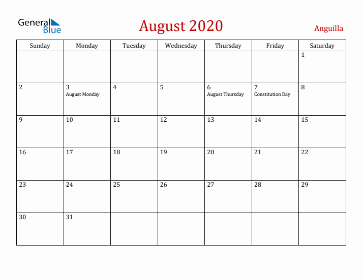 Anguilla August 2020 Calendar - Sunday Start
