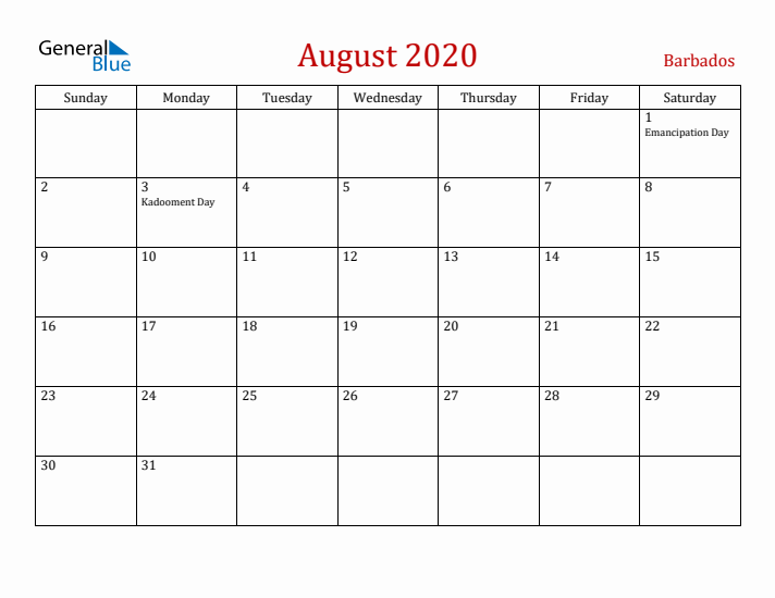 Barbados August 2020 Calendar - Sunday Start