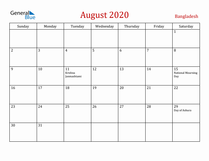 Bangladesh August 2020 Calendar - Sunday Start