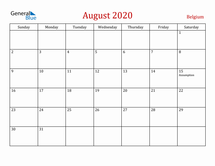 Belgium August 2020 Calendar - Sunday Start