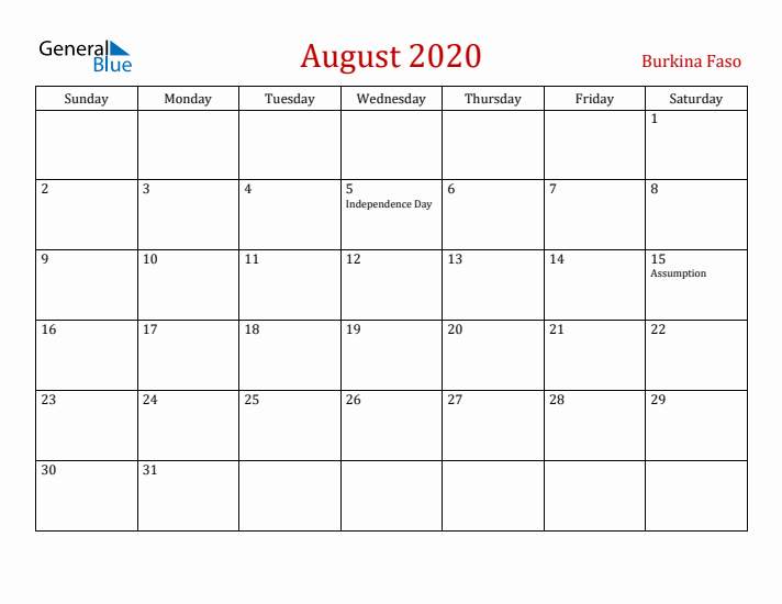 Burkina Faso August 2020 Calendar - Sunday Start