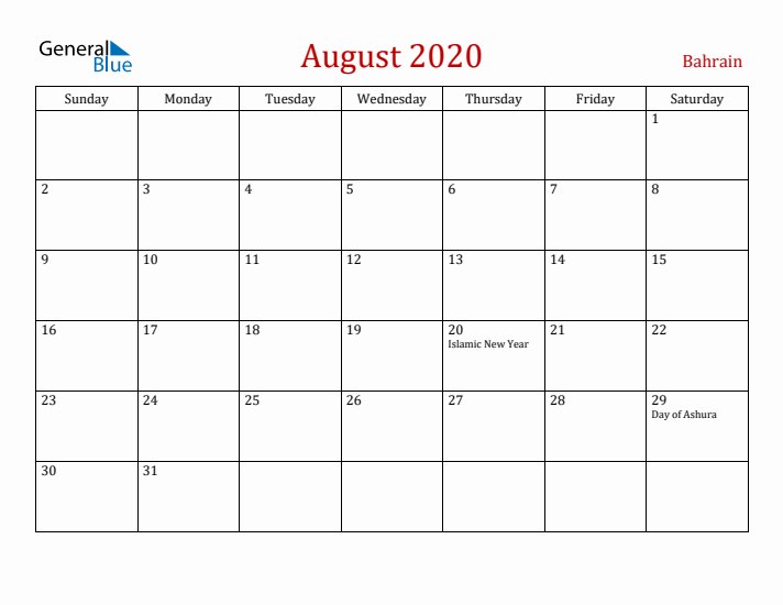 Bahrain August 2020 Calendar - Sunday Start