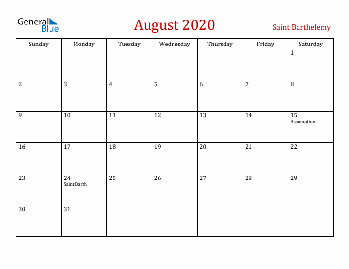Saint Barthelemy August 2020 Calendar - Sunday Start
