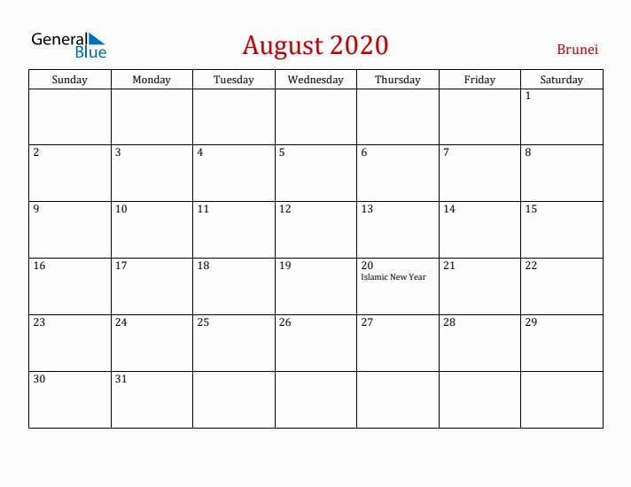 Brunei August 2020 Calendar - Sunday Start