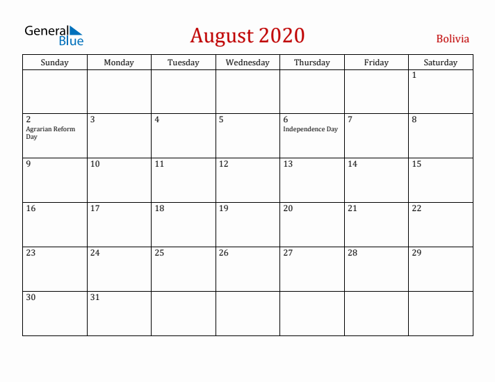 Bolivia August 2020 Calendar - Sunday Start