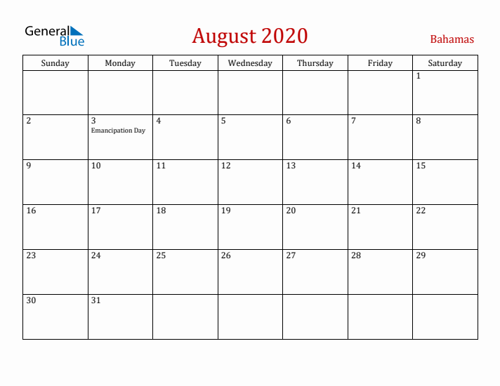 Bahamas August 2020 Calendar - Sunday Start