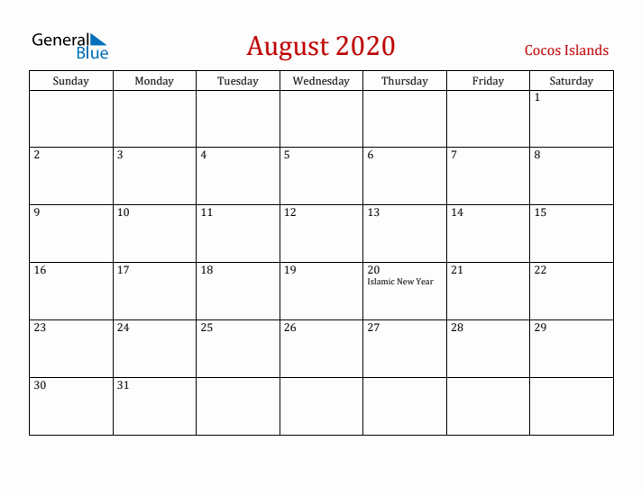 Cocos Islands August 2020 Calendar - Sunday Start