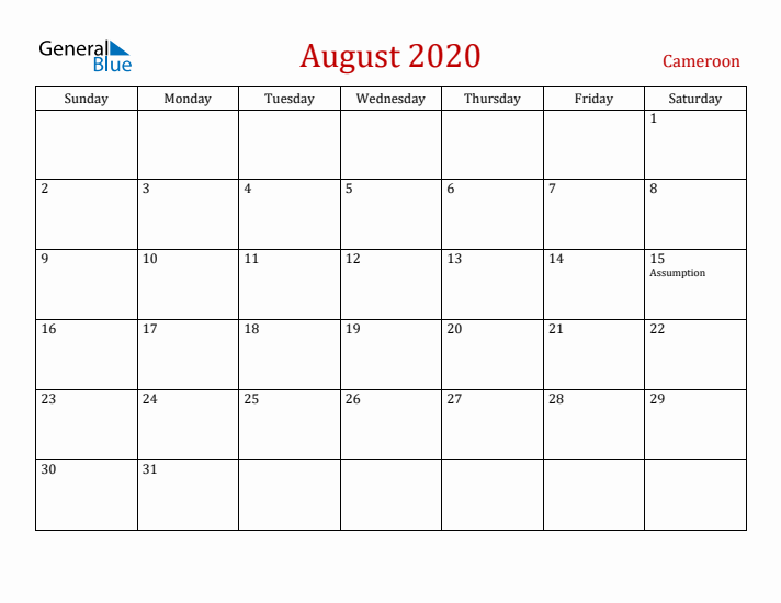 Cameroon August 2020 Calendar - Sunday Start
