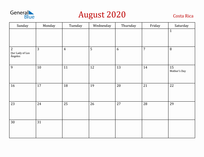 Costa Rica August 2020 Calendar - Sunday Start