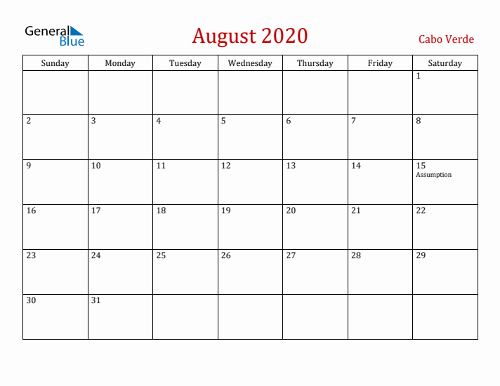 Cabo Verde August 2020 Calendar - Sunday Start