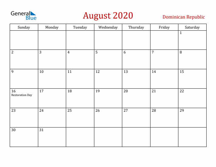 Dominican Republic August 2020 Calendar - Sunday Start