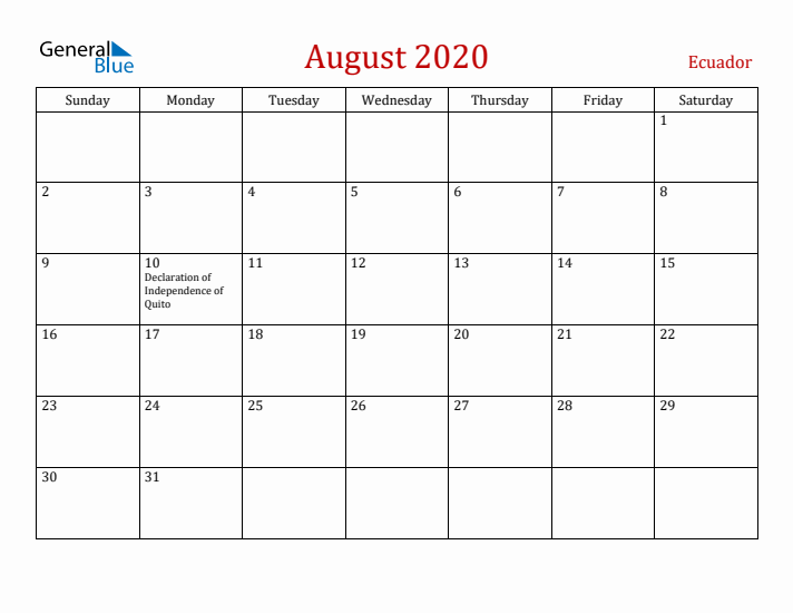 Ecuador August 2020 Calendar - Sunday Start
