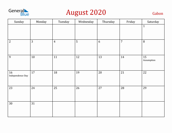 Gabon August 2020 Calendar - Sunday Start