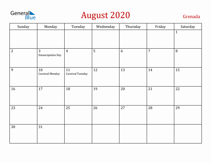 Grenada August 2020 Calendar - Sunday Start