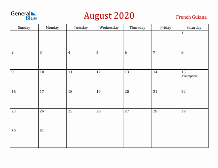 French Guiana August 2020 Calendar - Sunday Start