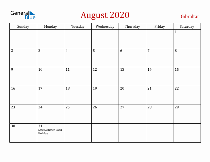 Gibraltar August 2020 Calendar - Sunday Start