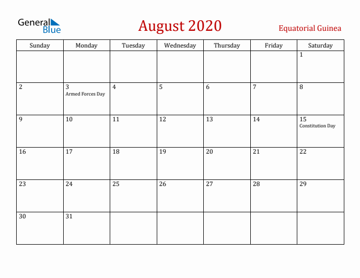 Equatorial Guinea August 2020 Calendar - Sunday Start
