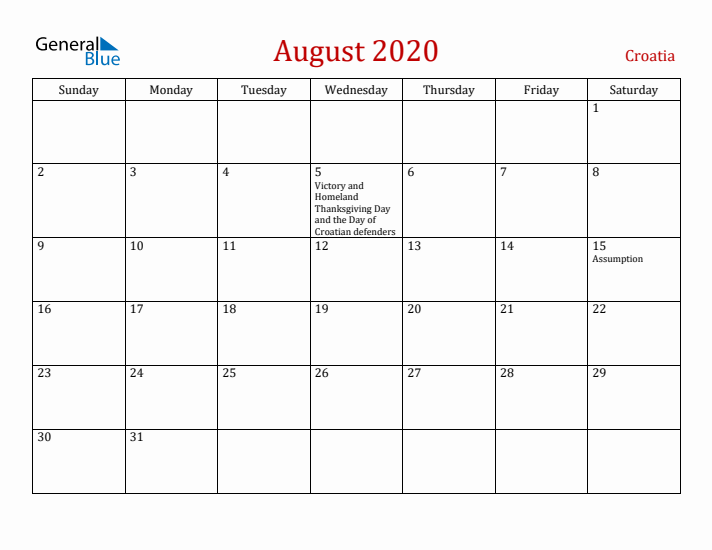 Croatia August 2020 Calendar - Sunday Start
