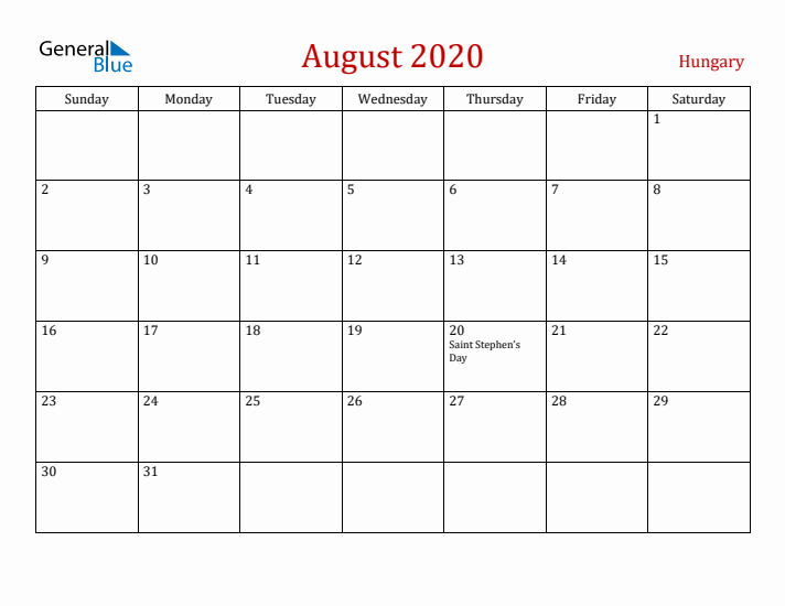 Hungary August 2020 Calendar - Sunday Start